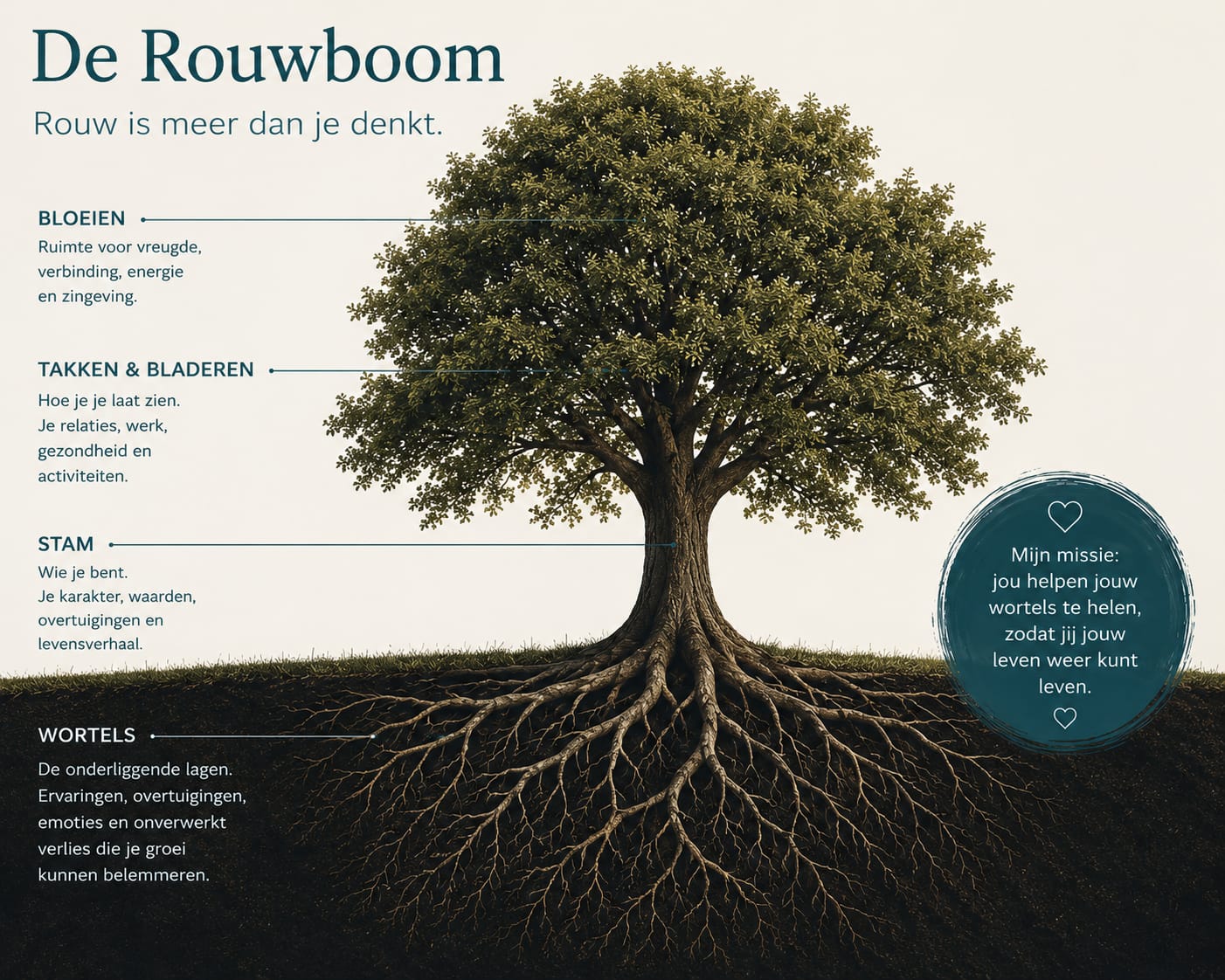 De Rouwboom: kroon, takken, stam en wortels als beeld voor rouw